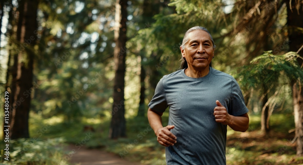Mature native american man jogging in forest setting promoting healthy lifestyle and wellness Mature native american man jogging in forest setting promoting healthy lifestyle and wellness