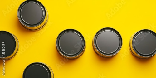 Handy disposable tin cans featuring plastic lids set against a yellow backdrop, with ample empty space surrounding them for a clean presentation. photo