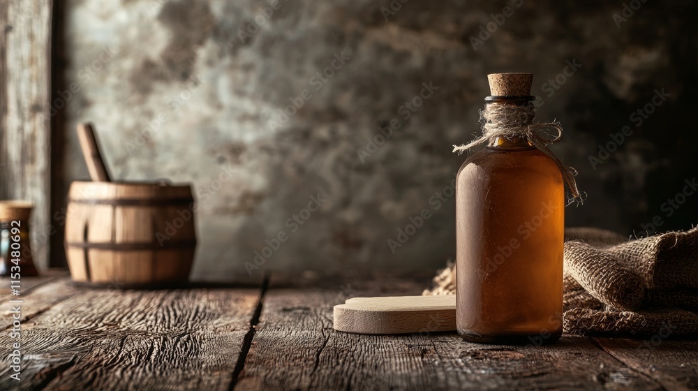 Rustic whiskey bottle and barrel on a wooden table Rustic whiskey bottle and barrel on a wooden table