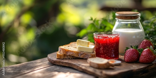 Strawberry jam alongside a glass of milk, bread, and butter, displayed on a wooden table, creates a delightful scene with a nature inspired blur background enhancing the strawberry jam s appeal. photo