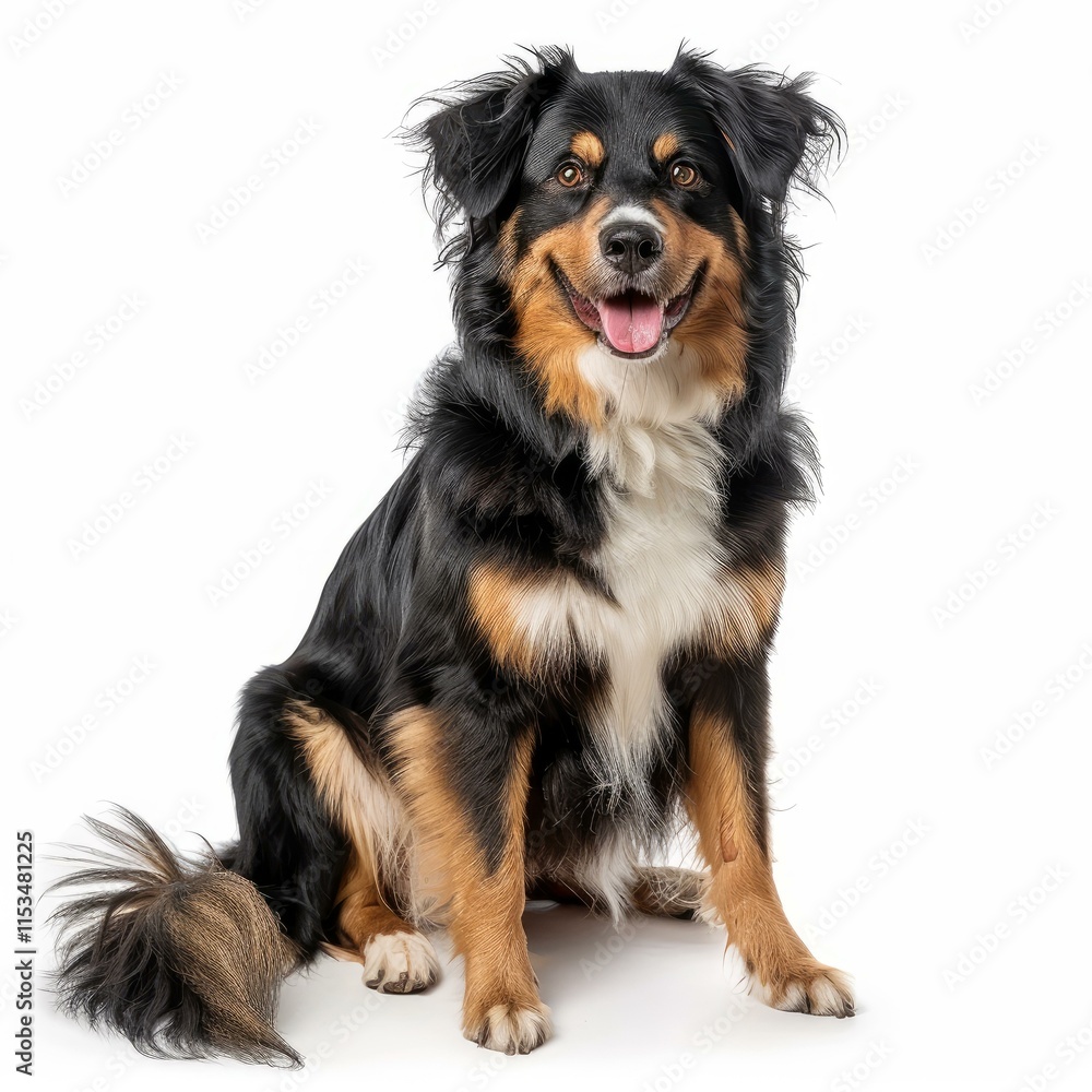 Happy australian shepherd dog sitting and panting on white background Happy australian shepherd dog sitting and panting on white background
