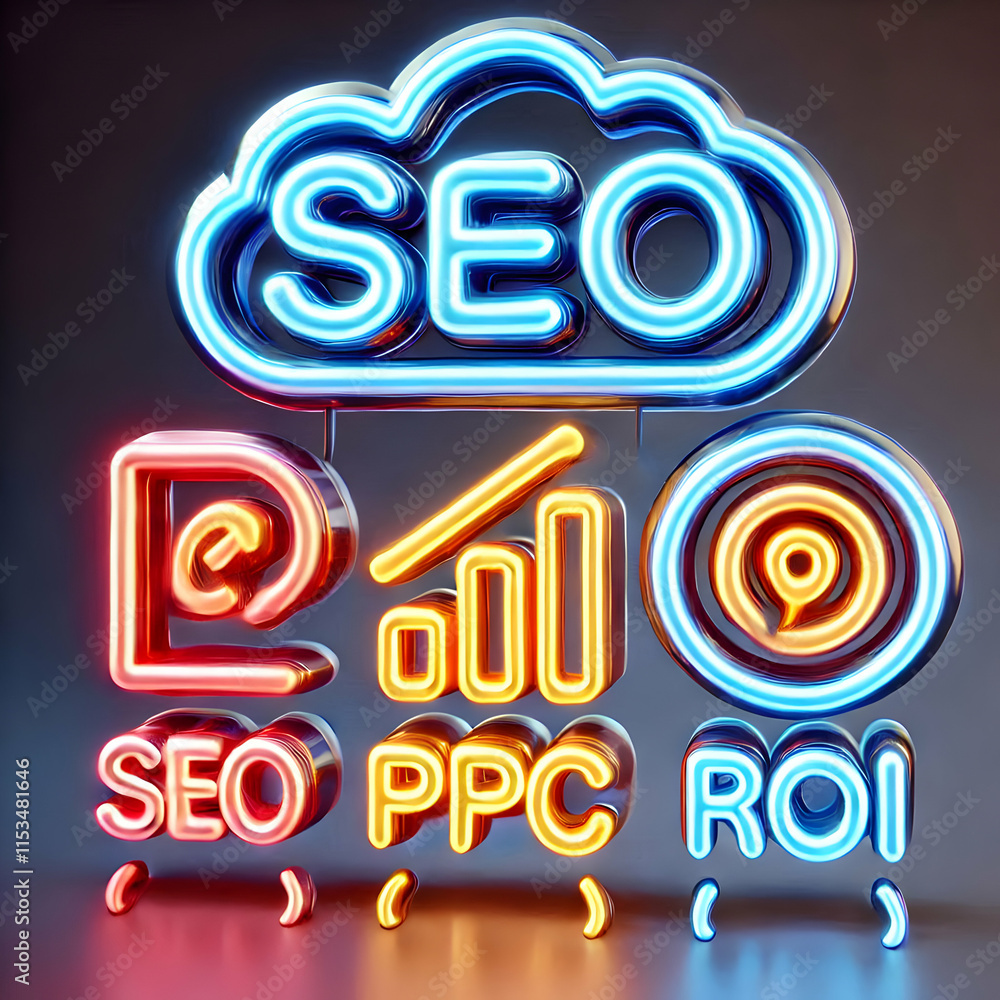 3D Glossy neon lights with marketing keywords on plain backdrop space for text concept as Bright glossy neon lights forming marketing related keywords like SEO PPC and ROI against a plain dark backdro 3D Glossy neon lights with marketing keywords on plain backdrop space for text concept as Bright glossy neon lights forming marketing related keywords like SEO PPC and ROI against a plain dark backdro