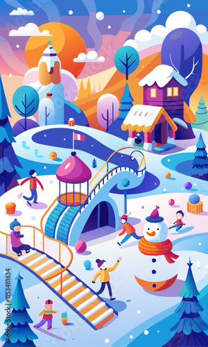 Escena de un parque infantil nevado con niños construyendo muñecos de nieve, andando en trineo y jugando en la nieve, rodeados de árboles cubiertos de nieve.