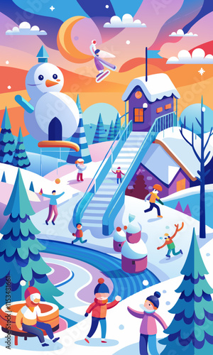 雪に覆われた木々に囲まれ、子供たちが雪だるまを作ったり、そりをしたり、雪の中で遊んだりする雪の遊び場のシーン。