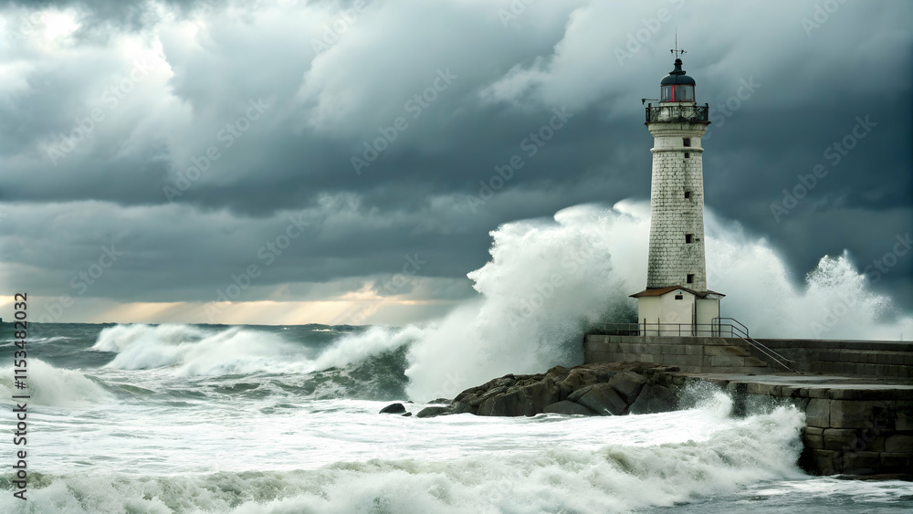 Corporate Lighthouse with Crashing Waves and Stormy Clouds - Symbol of Guidance and Stability in Turbulent Times Corporate Lighthouse with Crashing Waves and Stormy Clouds - Symbol of Guidance and Stability in Turbulent Times