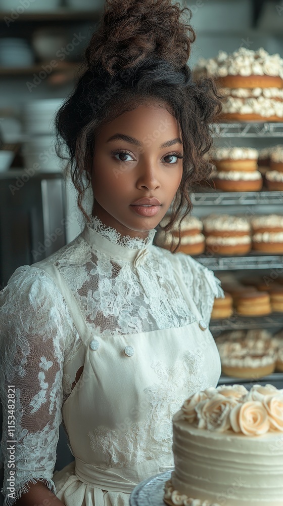 Woman in a lace dress stands in a bakery, surrounded by beautifully decorated cakes stacked on racks
