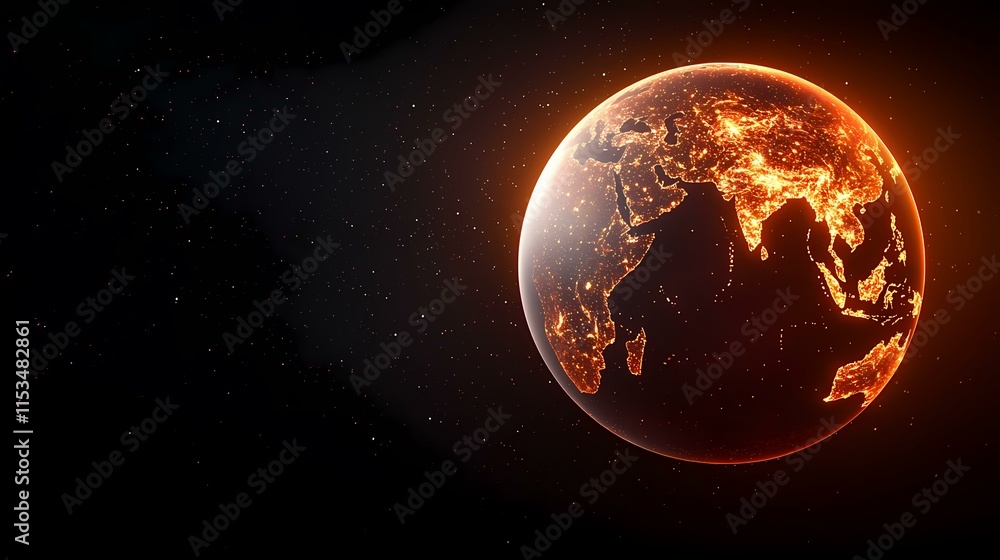 Fototapeta premium The image shows a fiery, orange-glowing Earth seen from space, with city lights visible as bright points of light against the dark background of space.