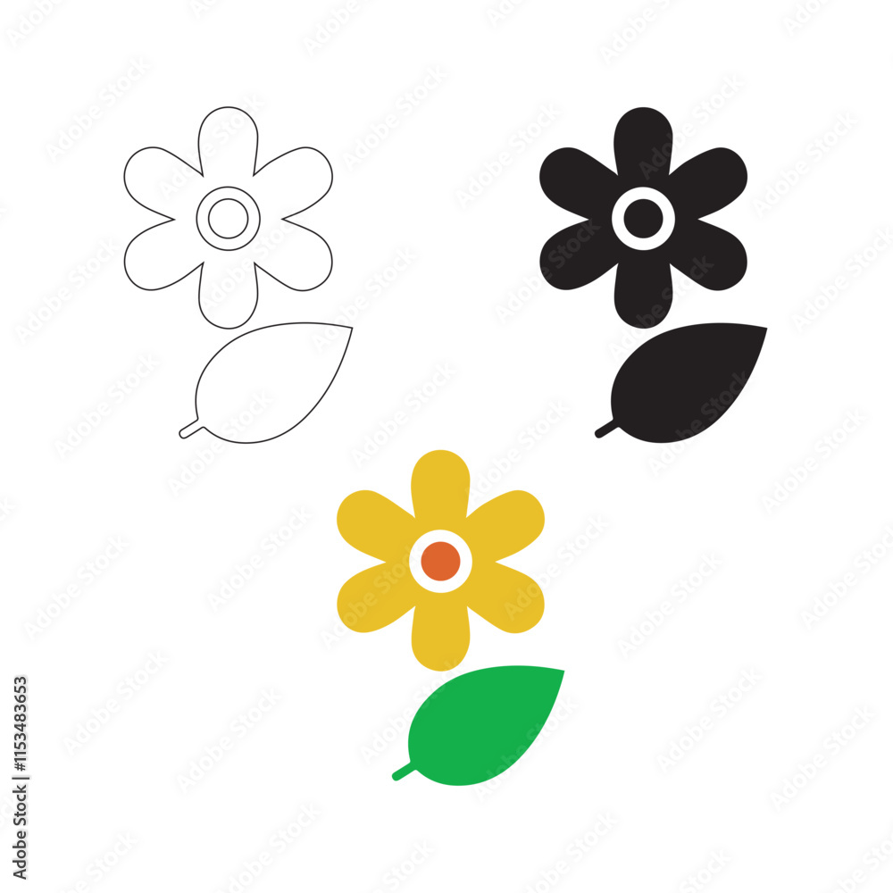 Flower Icon With Leaf Outline Silhouette And Color Flower Icon With Leaf Outline Silhouette And Color