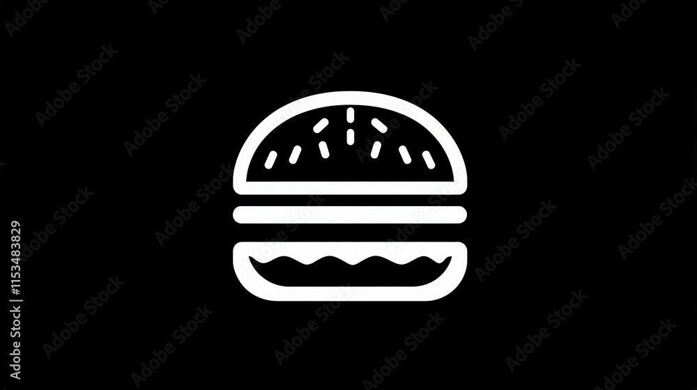 Simplistic White Icon of a Classic Hamburger on Black Background Simplistic White Icon of a Classic Hamburger on Black Background