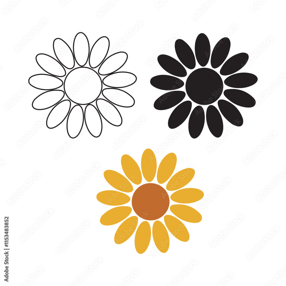 Sunflower Icon Outline Silhouette And Color On White Background Vector Sunflower Icon Outline Silhouette And Color On White Background Vector