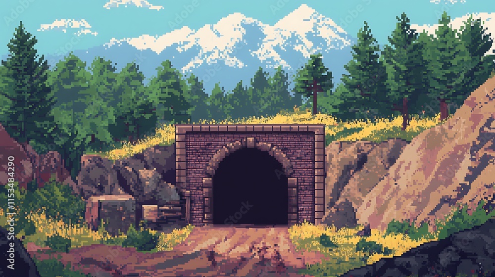 Fototapeta premium Pixel Art Illustration: Majestic Mountain Tunnel Entrance, Digitally Painted in a Vibrant Retro Style. AI Generated