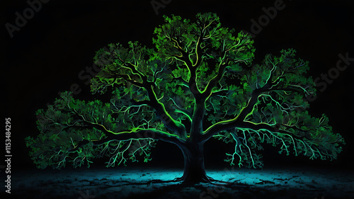Oak Nature Tree Plexus Neon Black Background Digital Desktop Wallpaper HD 4k Network Light Glowing Laser Motion Bright Abstract