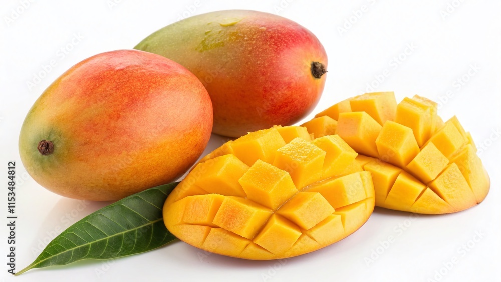 Juicy Ripe Mangoes on White Background: Fresh Fruit Banner Juicy Ripe Mangoes on White Background: Fresh Fruit Banner