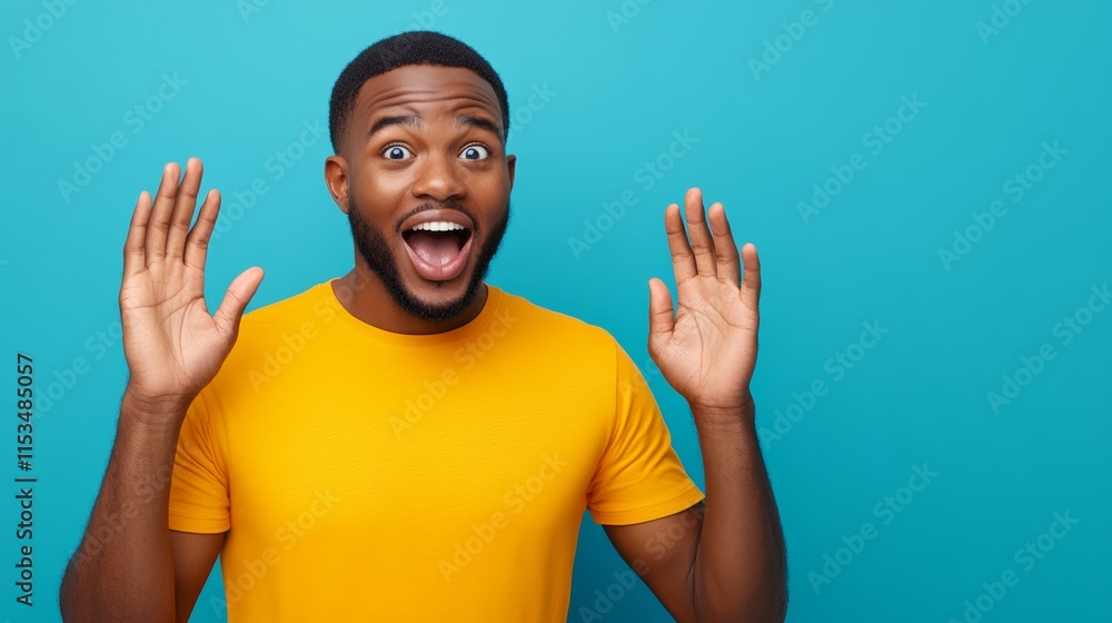 Man in a yellow shirt is smiling and raising his hands in the air. Concept of excitement and joy Man in a yellow shirt is smiling and raising his hands in the air. Concept of excitement and joy