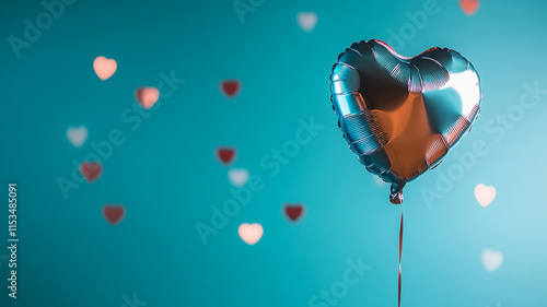 shiny heart shaped balloon floats against vibrant blue background, evoking joy photo