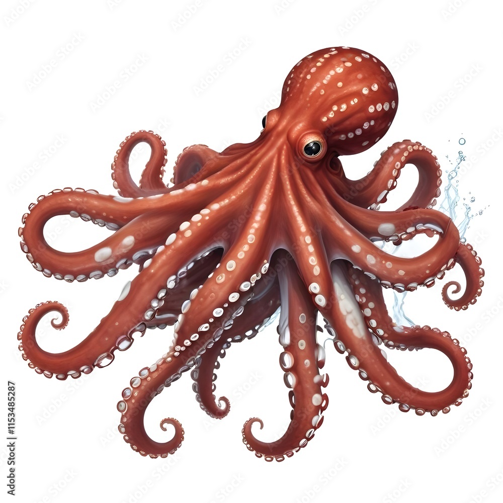 Obraz premium A red octopus with long tentacles and white spots, floating in water