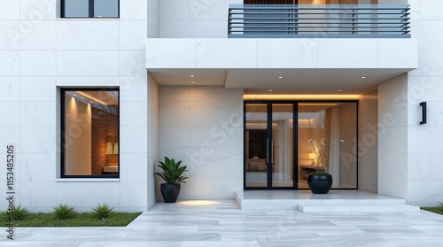 Wallpaper Mural Modern home's exterior showcasing a white facade, large black-framed windows and doors, a paved walkway, and small potted plants.  The interior is dimly lit, suggesting evening. Torontodigital.ca