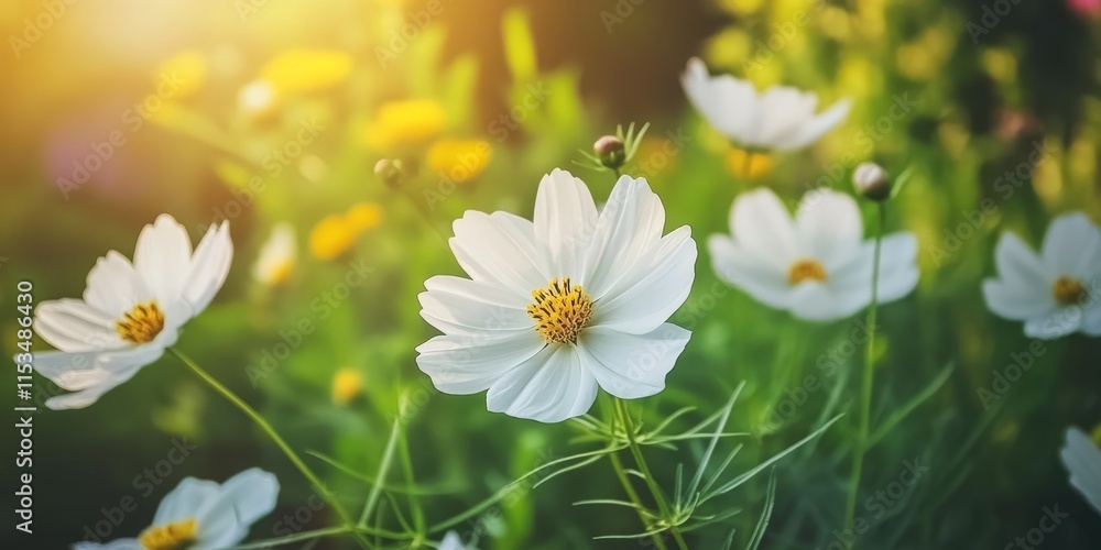 Beautiful white cosmos flower blooming in the garden, showcasing the delicate petals of the white cosmos flower amidst vibrant greenery, creating a serene garden atmosphere. Beautiful white cosmos flower blooming in the garden, showcasing the delicate petals of the white cosmos flower amidst vibrant greenery, creating a serene garden atmosphere.