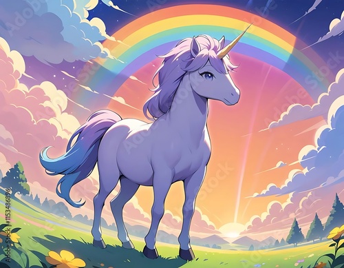 A Lavender Unicorn Stands Before a Rainbow photo