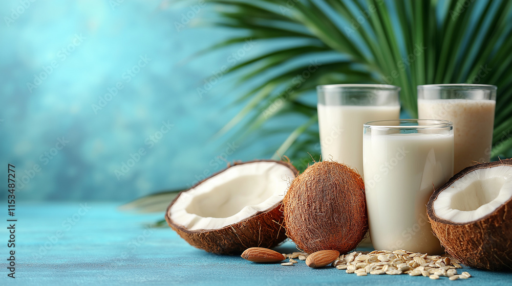 Coconuts with glass of milk, on blue background Coconuts with glass of milk, on blue background