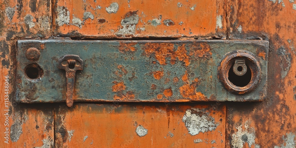 An aged door features a locking key, showcasing surface rust that adds character. The locking key and rust on the door reflect a vintage charm and history. An aged door features a locking key, showcasing surface rust that adds character. The locking key and rust on the door reflect a vintage charm and history.
