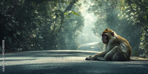 A large monkey rests beside the road in a lush forest, showcasing the intriguing behavior of a monkey in its natural habitat. This scene captures the essence of the monkey s environment. photo