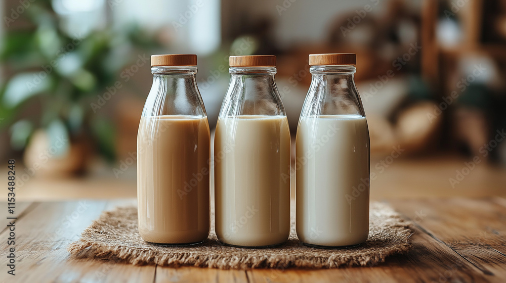 Assortment of vegan, plant based, non dairy milks in bottles. Side view with scattered ingredients Assortment of vegan, plant based, non dairy milks in bottles. Side view with scattered ingredients