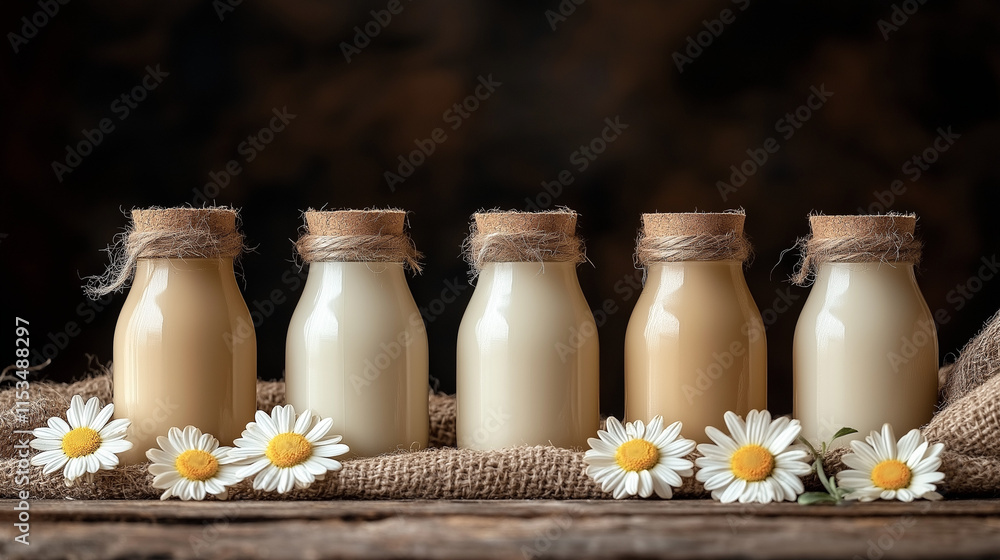 Assortment of vegan, plant based, non dairy milks in bottles. Side view with scattered ingredients Assortment of vegan, plant based, non dairy milks in bottles. Side view with scattered ingredients