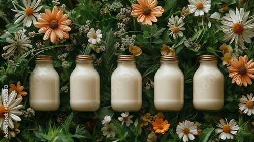 Concept of organic vegan non dairy milk with glass milk bottle photo