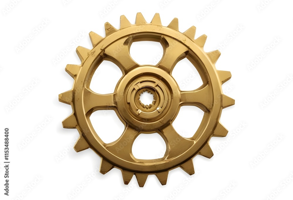 A golden metal gear with multiple teeth and a central hub A golden metal gear with multiple teeth and a central hub