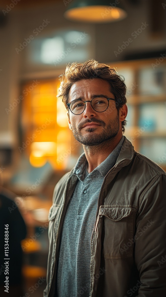 Obraz premium Man with glasses and a beard stands indoors, wearing a jacket, with a warm, softly lit background behind him