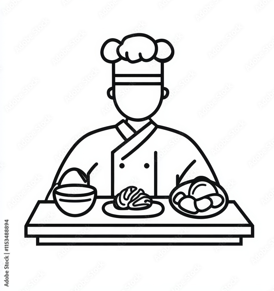 Chef Preparing Delicious Food with Rice and Pastries on Table Chef Preparing Delicious Food with Rice and Pastries on Table