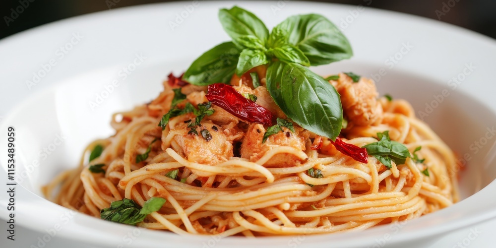 Spicy tuna spaghetti features red dried chillies and fresh sweet basil leaves, beautifully plated on a white dish, highlighting the delicious combination of spicy tuna and vibrant ingredients. Spicy tuna spaghetti features red dried chillies and fresh sweet basil leaves, beautifully plated on a white dish, highlighting the delicious combination of spicy tuna and vibrant ingredients.