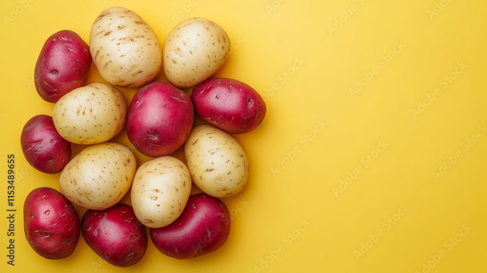 Bunch of red and yellow potatoes are piled on top of each other. The red potatoes are larger and more prominent than the yellow ones. Concept of abundance and variety Bunch of red and yellow potatoes are piled on top of each other. The red potatoes are larger and more prominent than the yellow ones. Concept of abundance and variety