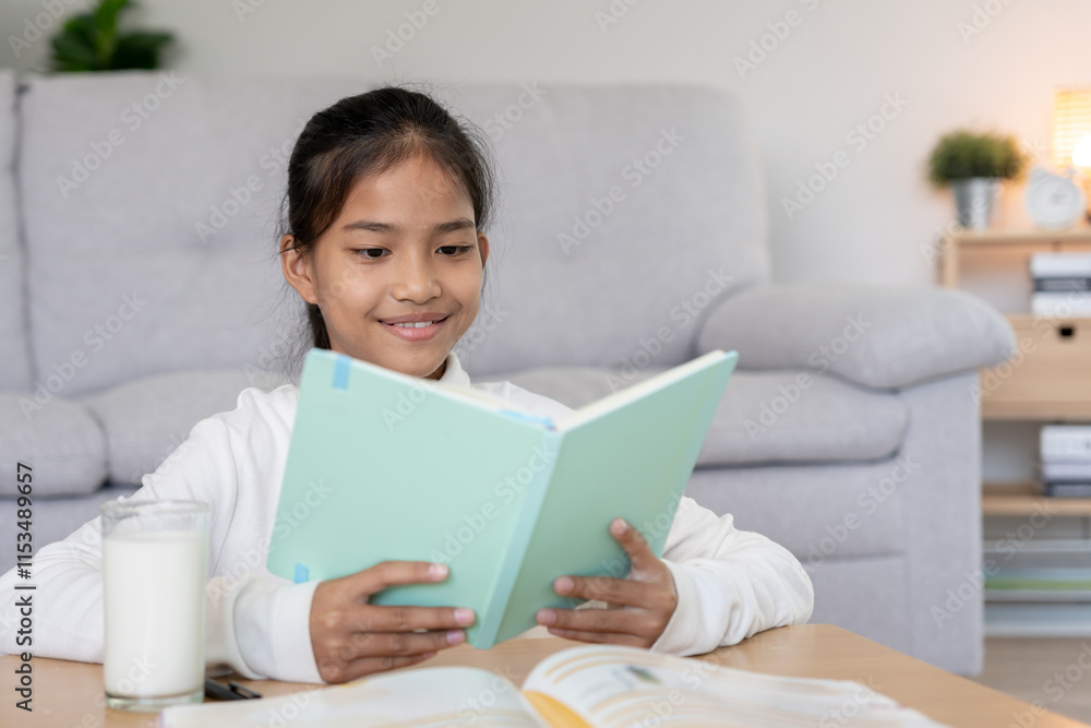 girl learn at home. Do homework, encourage for exam. Asia girl happy Homeschool, education, Practice, tech book, study, child, course for Asian children girl learn at home. Do homework, encourage for exam. Asia girl happy Homeschool, education, Practice, tech book, study, child, course for Asian children