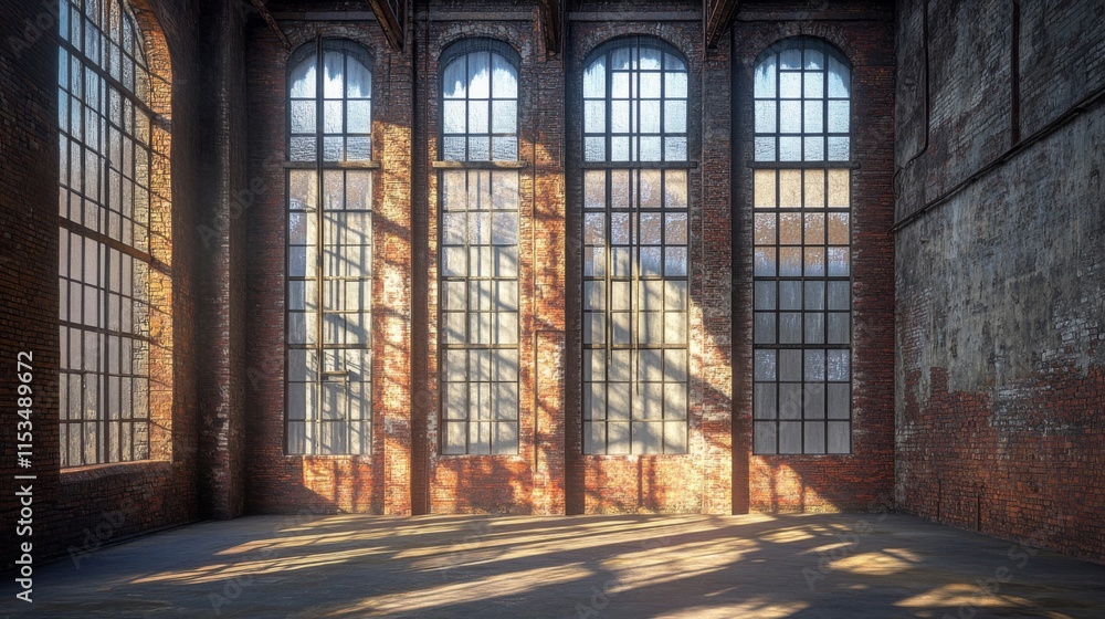 Sunlit Interior of a Brick Warehouse with Large Windows Sunlit Interior of a Brick Warehouse with Large Windows