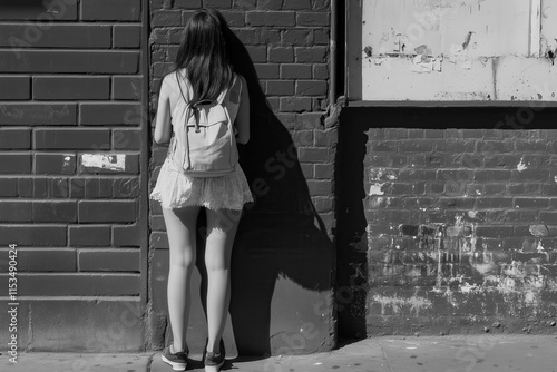 The discomfort of female adolescence. Black and white image of a young teenager experiencing her own inner discomfort 008