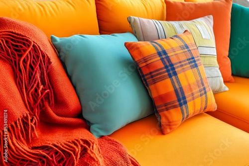 Vibrant orange couch adorned with teal, orange, and patterned throw pillows and a red throw. photo