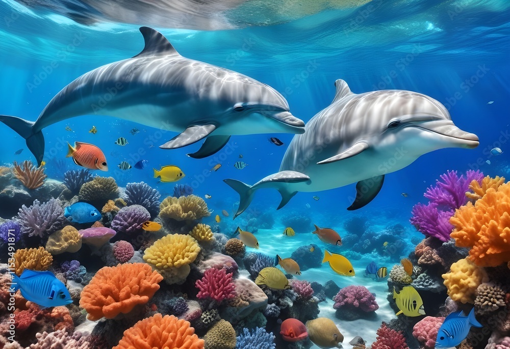Fototapeta premium Two dolphins swimming in a coral reef underwater scene with colorful tropical fish