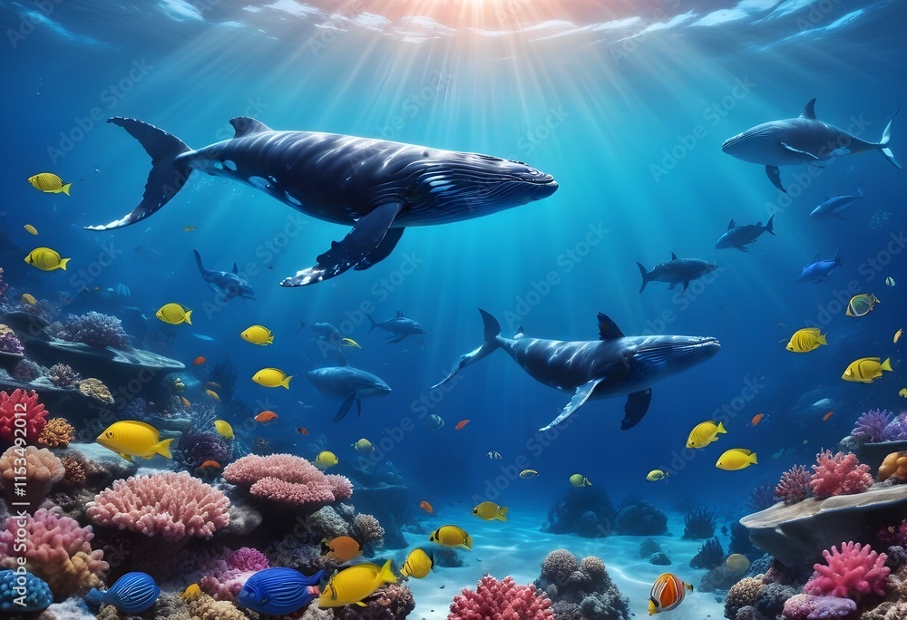 Obraz premium Whales swimming in a coral reef underwater scene with colorful tropical fish
