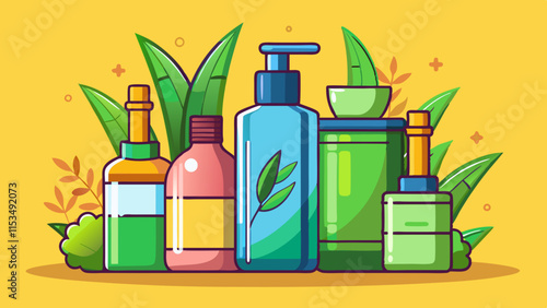 Eco friendly cosmetic bottles with natural skincare products . Sustainable beauty packaging, organic skincare concept, zero waste, biodegradable containers, vector illustration.