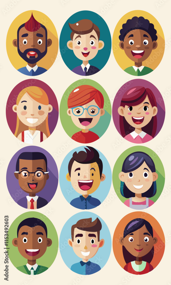Groupe diversifié de personnes exprimant différentes émotions, illustration vectorielle. Visages montrant le bonheur, la tristesse et la surprise dans différents styles et couleurs. Groupe diversifié de personnes exprimant différentes émotions, illustration vectorielle. Visages montrant le bonheur, la tristesse et la surprise dans différents styles et couleurs.