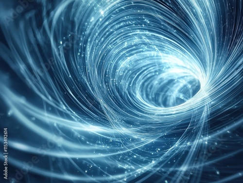 A swirling, luminous vortex of blue light and particles, creating a sense of depth and motion in a digital cosmic space.