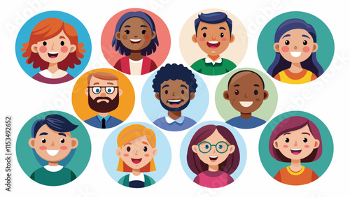 Set of diverse people’s faces representing different emotions and professions, vector illustration.
