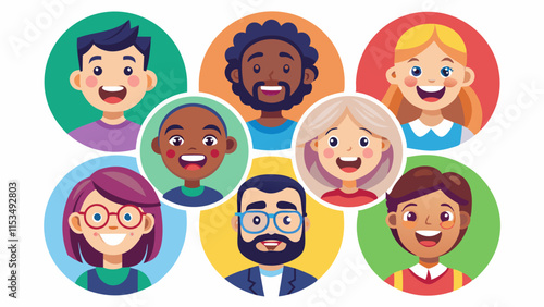 Ensemble de visages de personnes diverses représentant différentes émotions et professions, illustration vectorielle.