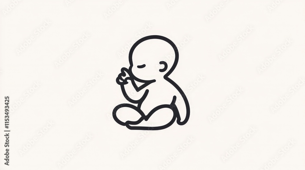 Simple Line Art of a Baby Sitting and Sucking Thumb Simple Line Art of a Baby Sitting and Sucking Thumb