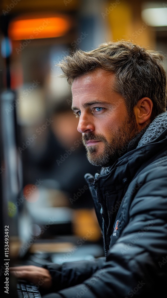 Man with a serious expression is sitting at a computer wearing a black jacket in a blurred background setting Man with a serious expression is sitting at a computer wearing a black jacket in a blurred background setting