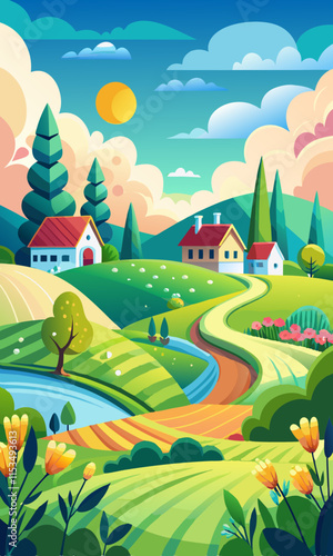 Illustration vectorielle de campagne d'été paisible, prairie lumineuse et colorée avec une douce brise, environnement rural tranquille avec une lumière chaude du soleil.