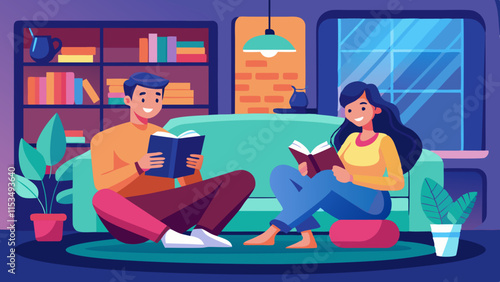 Happy couple reading book together on cozy sofa in living room. Young couple enjoying peaceful time at home, relaxing, spending quality time on couch with book.
