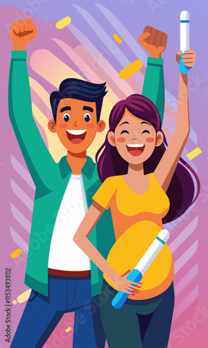 Una pareja alegre anunciando noticias de embarazo con emociones positivas, abrazando con felicidad un nuevo viaje de paternidad.